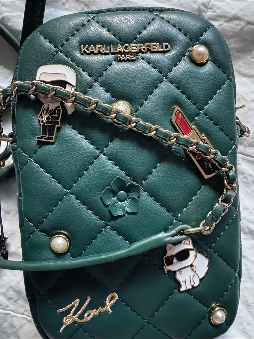 Karl Lagerfeld Quilted Teal Crossbody Bag with Gold Hardware and Pearl Accents